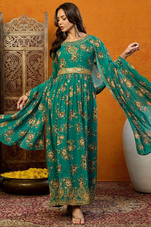 Green Georgette Floral Printed Flared Anarkali Suit Set