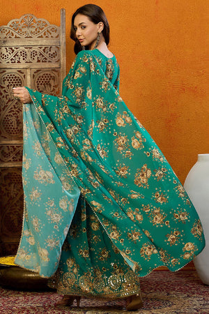 Green Georgette Floral Printed Flared Anarkali Suit Set