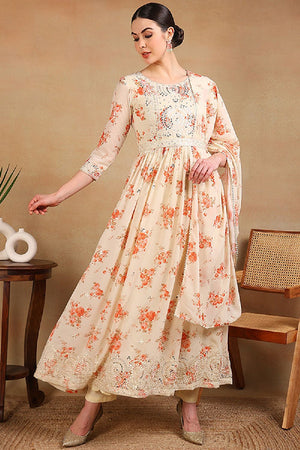Off White Georgette Floral Printed Flared Anarkali Suit Set