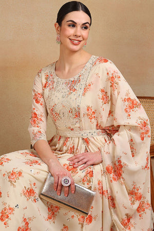 Off White Georgette Floral Printed Flared Anarkali Suit Set