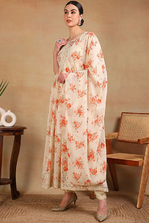 Off White Georgette Floral Printed Flared Anarkali Suit Set