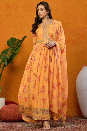 Orange Georgette Floral Printed Flared Anarkali Suit Set