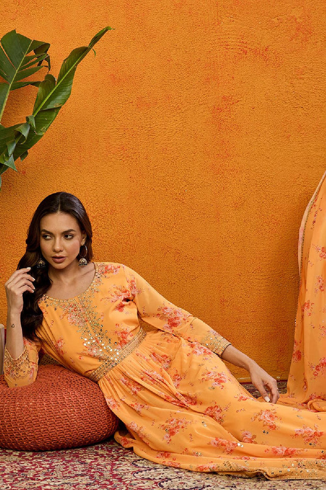 Orange Georgette Floral Printed Flared Anarkali Suit Set