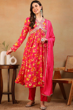 Pink Poly Georgette Floral Printed Flared Empire Anarkali Suit Set