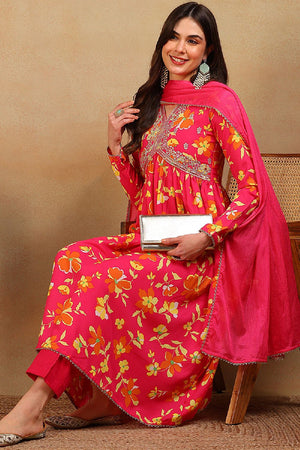 Pink Poly Georgette Floral Printed Flared Empire Anarkali Suit Set
