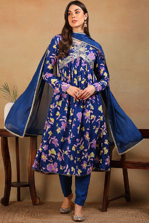 Blue Poly Georgette Floral Printed Flared Anarkali Suit Set