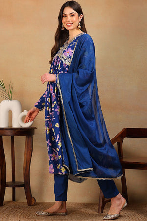 Blue Poly Georgette Floral Printed Flared Anarkali Suit Set