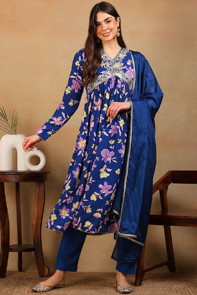 Blue Poly Georgette Floral Printed Flared Anarkali Suit Set