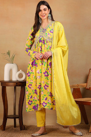 Yellow Poly Georgette Floral Printed Flared Empire Sharara Suit Set