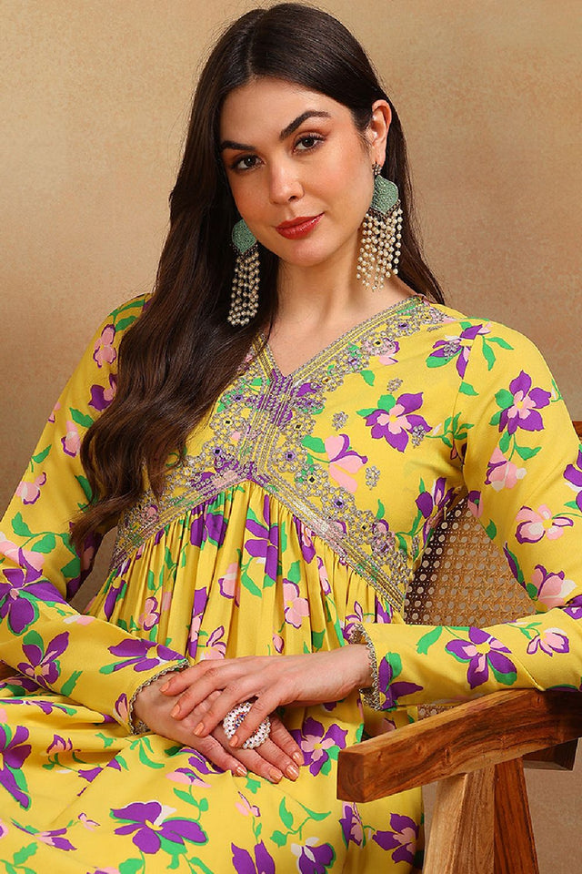 Yellow Poly Georgette Floral Printed Flared Empire Sharara Suit Set