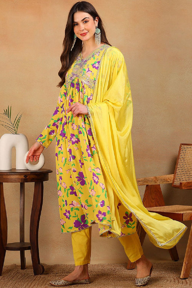 Yellow Poly Georgette Floral Printed Flared Empire Sharara Suit Set