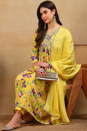 Yellow Poly Georgette Floral Printed Flared Empire Sharara Suit Set