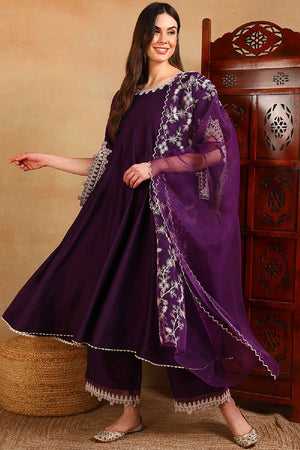 Purple Silk Blend Solid Embroidered Flared Anarkali Suit Set