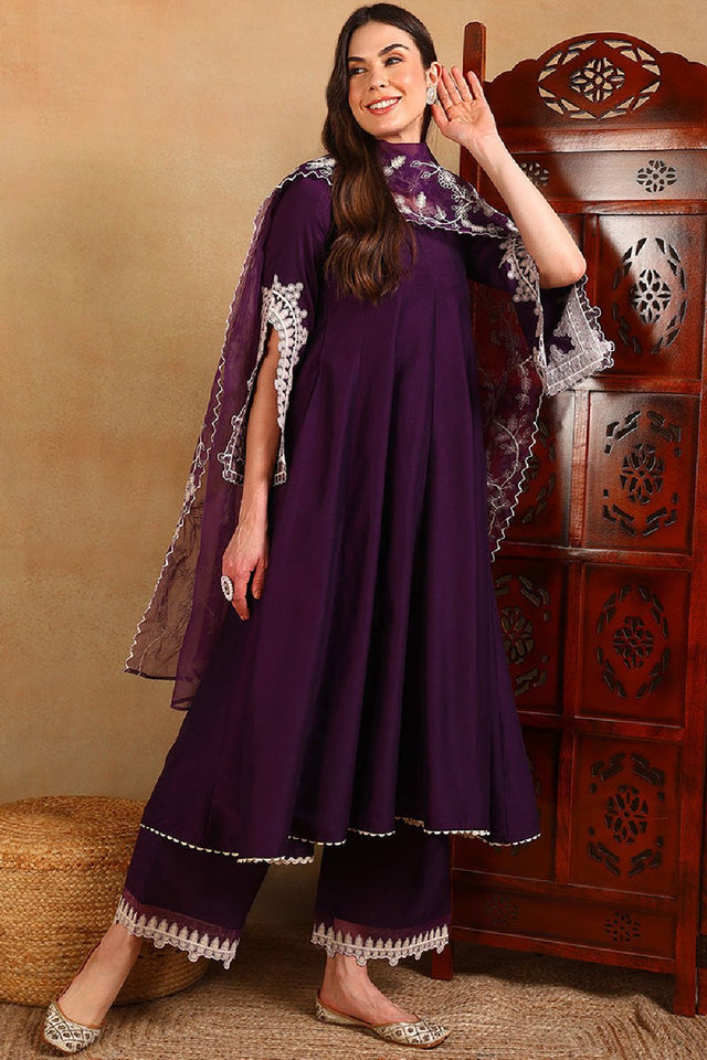 Purple Silk Blend Solid Embroidered Flared Anarkali Suit Set