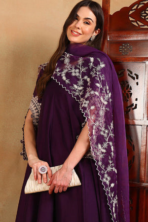 Purple Silk Blend Solid Embroidered Flared Anarkali Suit Set