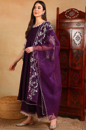Purple Silk Blend Solid Embroidered Flared Anarkali Suit Set