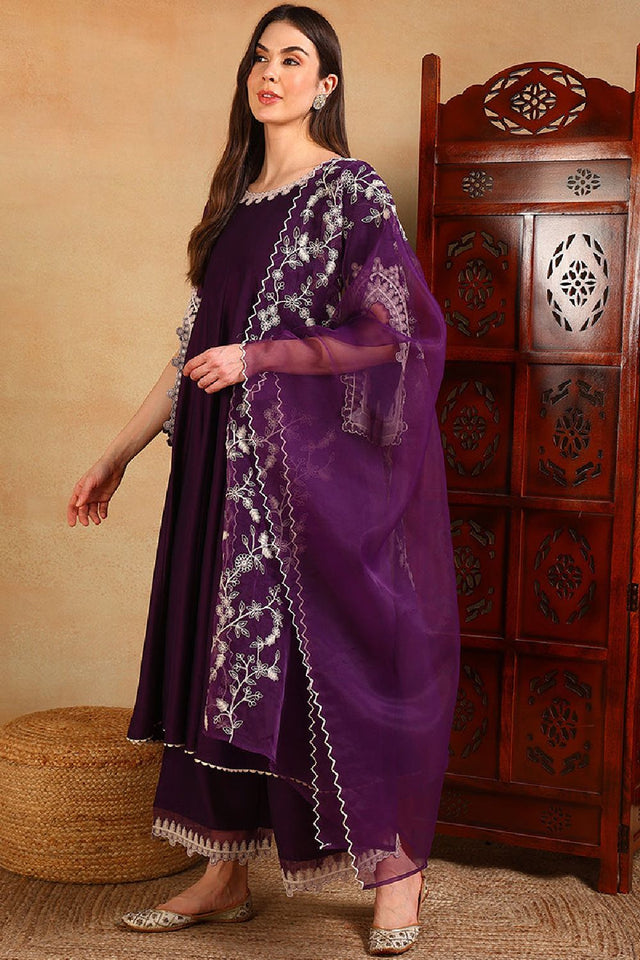 Purple Silk Blend Solid Embroidered Flared Anarkali Suit Set