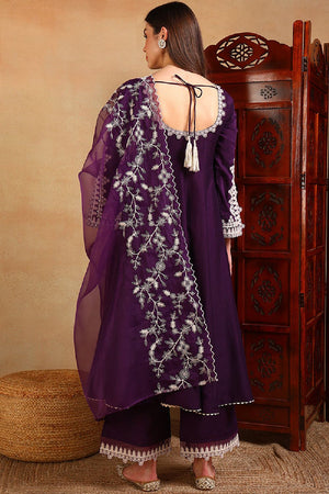 Purple Silk Blend Solid Embroidered Flared Anarkali Suit Set