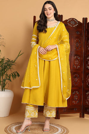 Yellow Silk Blend Solid Embroidered Anarkali Suit Set