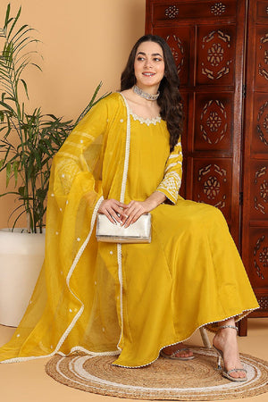Yellow Silk Blend Solid Embroidered Anarkali Suit Set