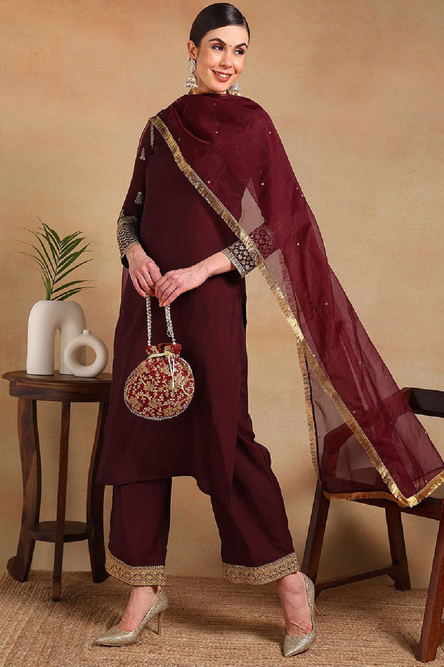 Burgundy Silk Blend Solid Embroidered Straight Cut Regular Suit Set