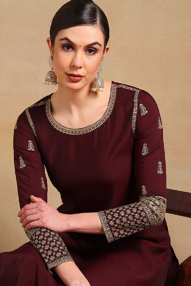 Burgundy Silk Blend Solid Embroidered Straight Cut Regular Suit Set