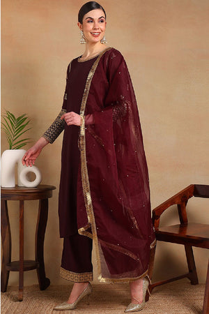 Burgundy Silk Blend Solid Embroidered Straight Cut Regular Suit Set