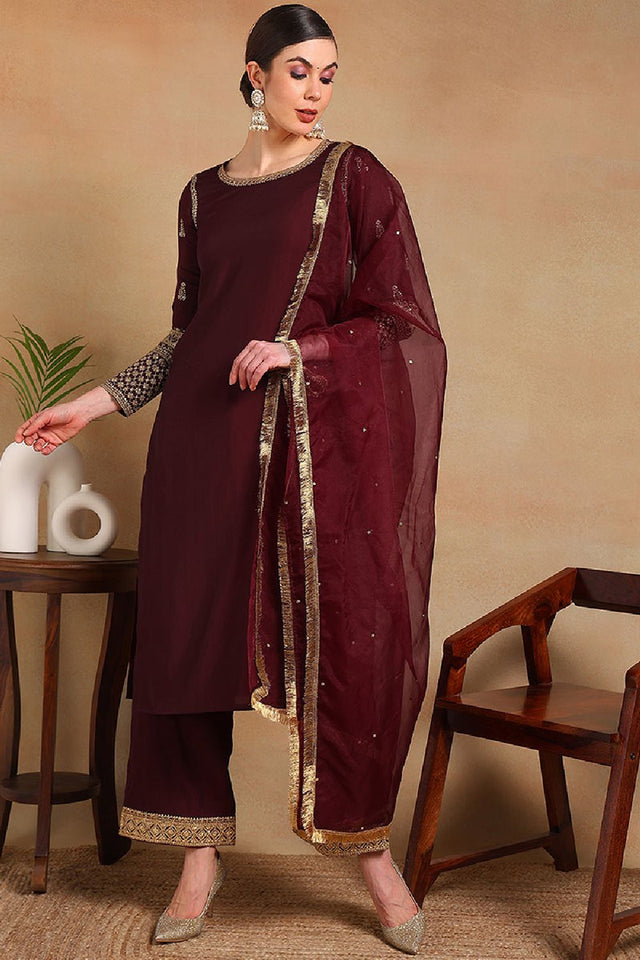 Burgundy Silk Blend Solid Embroidered Straight Cut Regular Suit Set