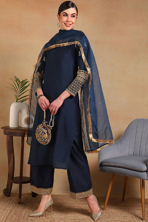 Teal Silk Blend Solid Embroidered Straight Cut Regular Suit Set