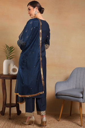 Teal Silk Blend Solid Embroidered Straight Cut Regular Suit Set