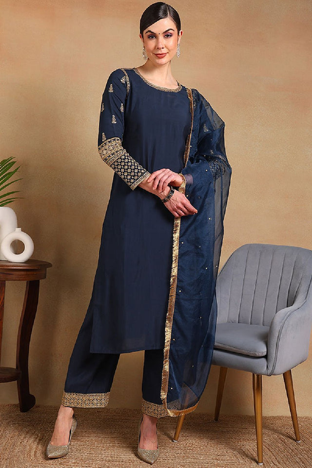 Teal Silk Blend Solid Embroidered Straight Cut Regular Suit Set