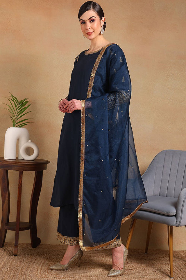 Teal Silk Blend Solid Embroidered Straight Cut Regular Suit Set