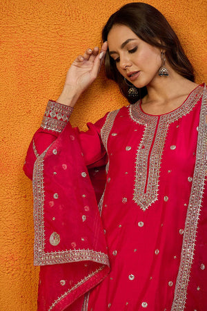 Red Silk Blend Solid Embroidered Straight Cut Suit Set