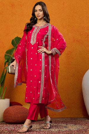 Red Silk Blend Solid Embroidered Straight Cut Suit Set