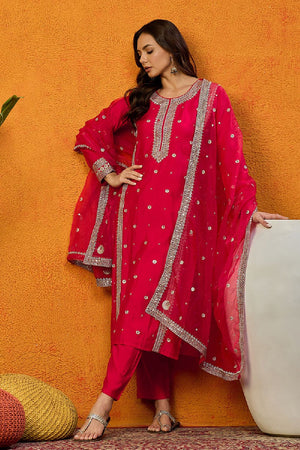 Red Silk Blend Solid Embroidered Straight Cut Suit Set