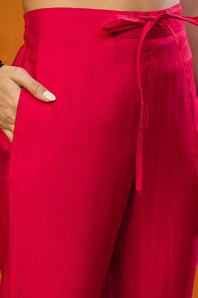 Red Silk Blend Solid Embroidered Straight Cut Suit Set