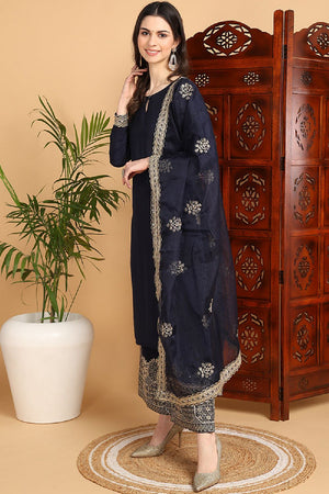Navy Blue Silk Blend Solid Embroidered Straight Cut Suit Set