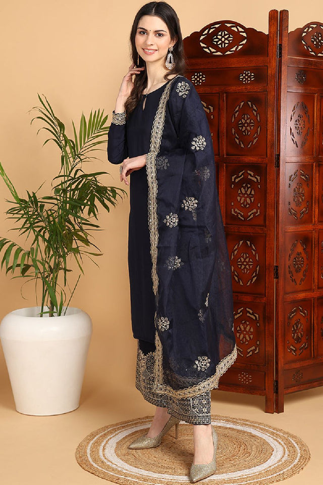 Navy Blue Silk Blend Solid Embroidered Straight Cut Suit Set