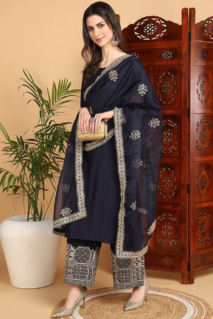 Navy Blue Silk Blend Solid Embroidered Straight Cut Suit Set