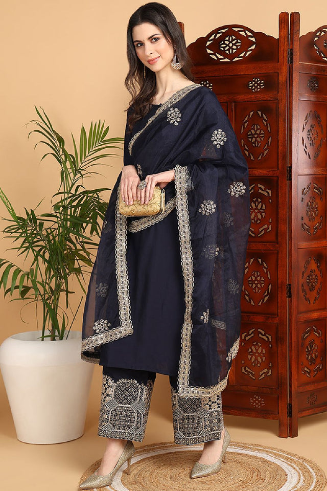 Navy Blue Silk Blend Solid Embroidered Straight Cut Suit Set