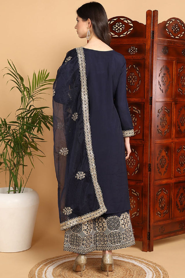 Navy Blue Silk Blend Solid Embroidered Straight Cut Suit Set
