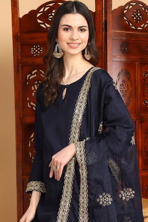 Navy Blue Silk Blend Solid Embroidered Straight Cut Suit Set