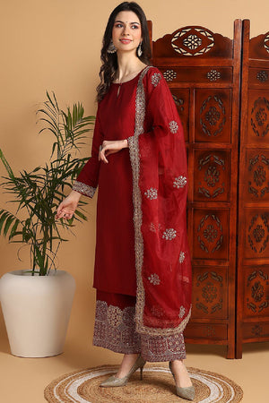 Maroon Silk Blend Solid Embroidered Straight Cut Suit Set