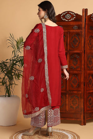 Maroon Silk Blend Solid Embroidered Straight Cut Suit Set