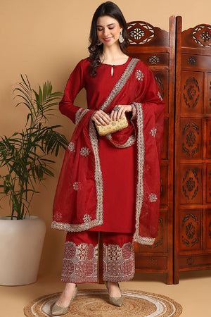 Maroon Silk Blend Solid Embroidered Straight Cut Suit Set