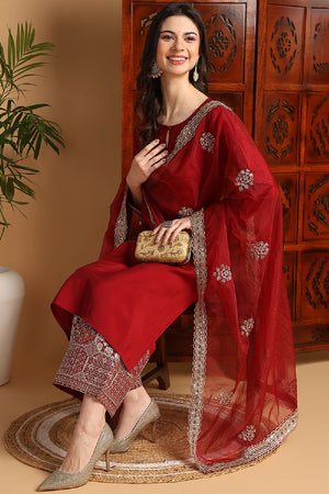 Maroon Silk Blend Solid Embroidered Straight Cut Suit Set