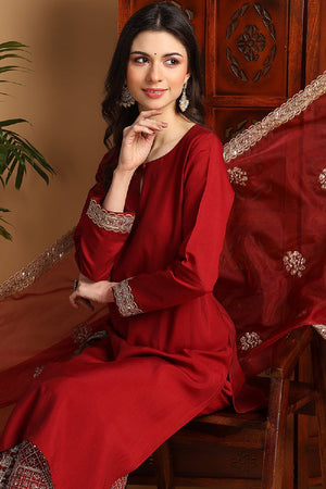Maroon Silk Blend Solid Embroidered Straight Cut Suit Set