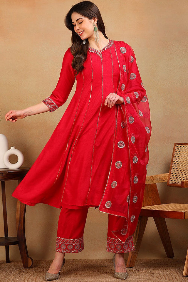 Red Silk Blend Solid Embroidered Flared Empire Anarkali Suit Set