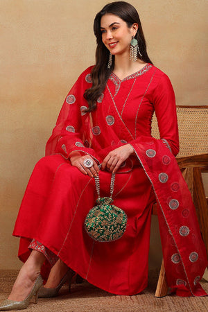 Red Silk Blend Solid Embroidered Flared Empire Anarkali Suit Set