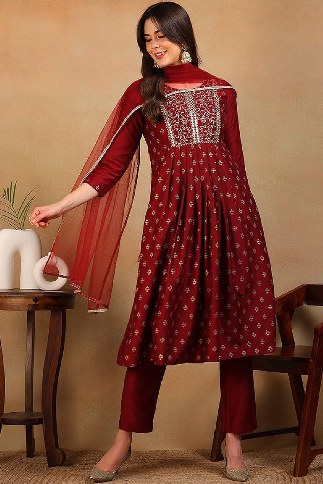 Maroon Silk Blend Solid Woven Design Flared Empire Anarkali Suit Set